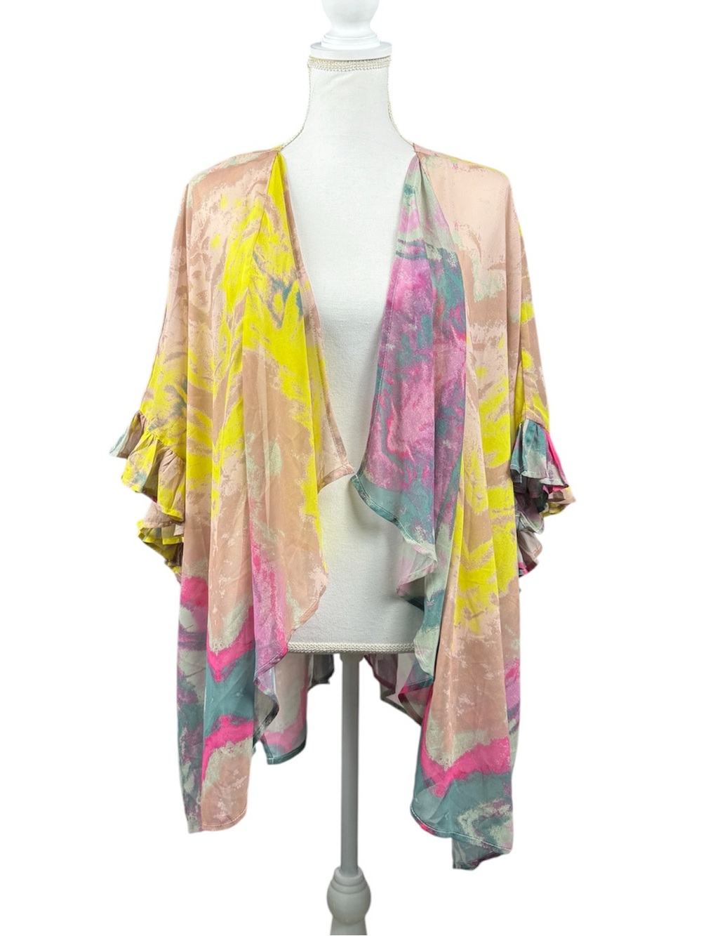 Umgee Watercolor Boho Kimono Cardigan Ruffle Sleeve Cover Up Size S/M